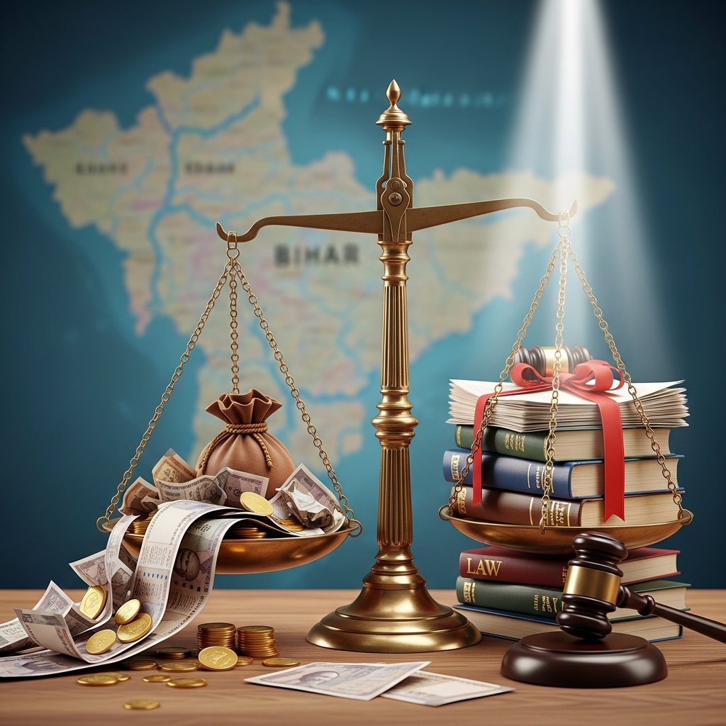 Conceptual image of scales of justice with Indian Rupee banknotes and legal documents, symbolizing Bihar's 15-year battle against corruption and anti-graft initiatives from 2010-2025.